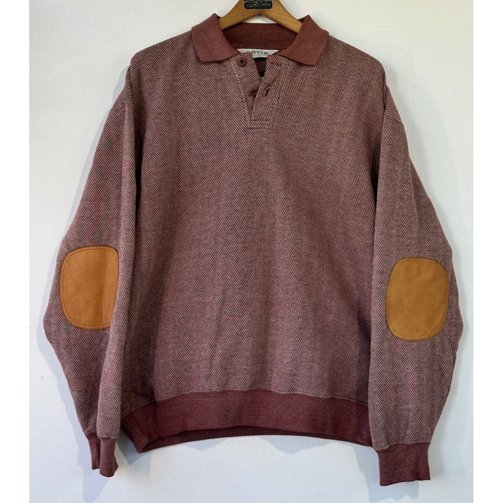 Orvis Polo Sweatshirt Leather Elbow Patches Mens L Burgundy Excellent